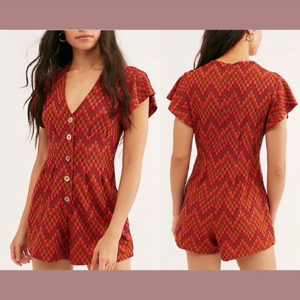NWT $98 Free People [ Small‎ ] Phoenix Playsuit Romper in Rust Red Geo